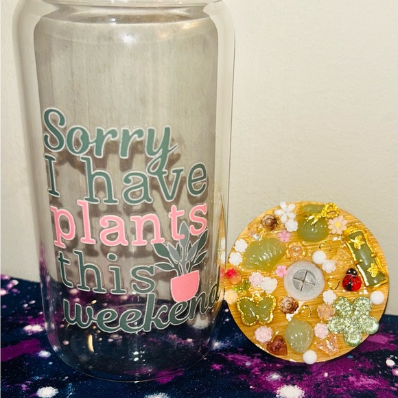 Other - Decorative Glass Jar/Cup with Pink and Green Design